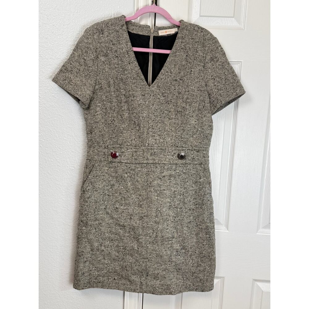 Tory Burch Tweed V-Neck Shift Dress Size 12 Linen Blend Career Classic